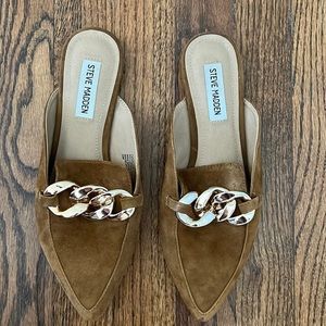 Steve Madden suede brown mules with gold buckle